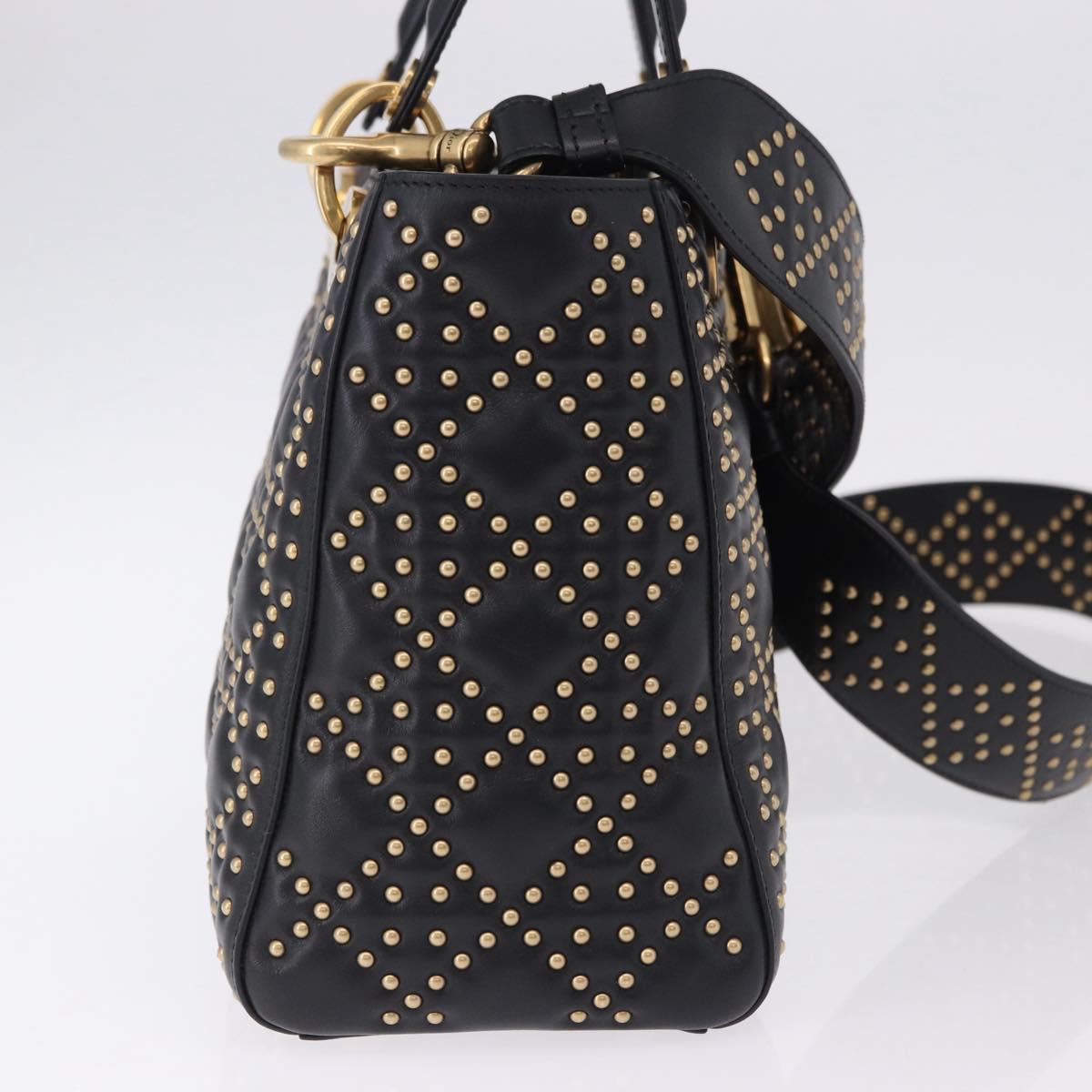 Christian Dior Lady Dior Studs Hand Bag Leather 2way Black Gold Auth ki6712M