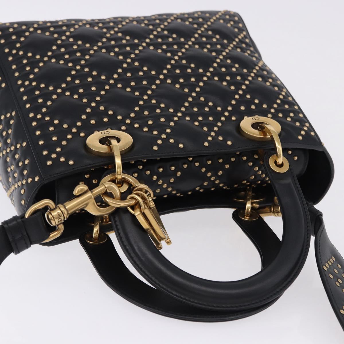 Christian Dior Lady Dior Studs Hand Bag Leather 2way Black Gold Auth ki6712M