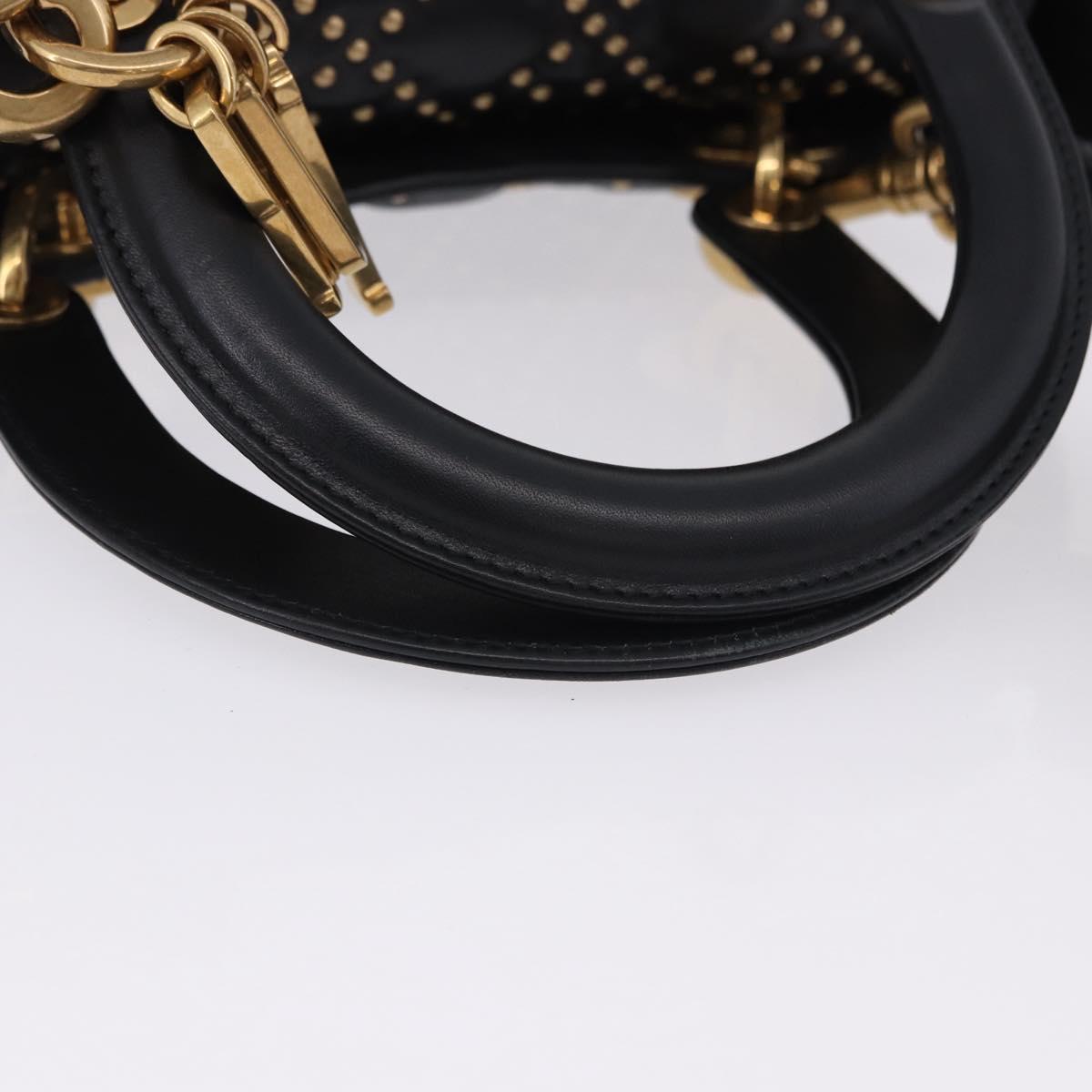 Christian Dior Lady Dior Studs Hand Bag Leather 2way Black Gold Auth ki6712M