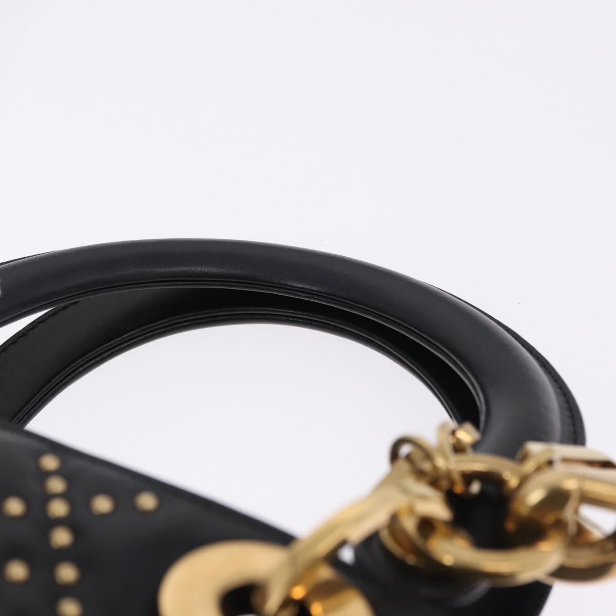 Christian Dior Lady Dior Studs Hand Bag Leather 2way Black Gold Auth ki6712M