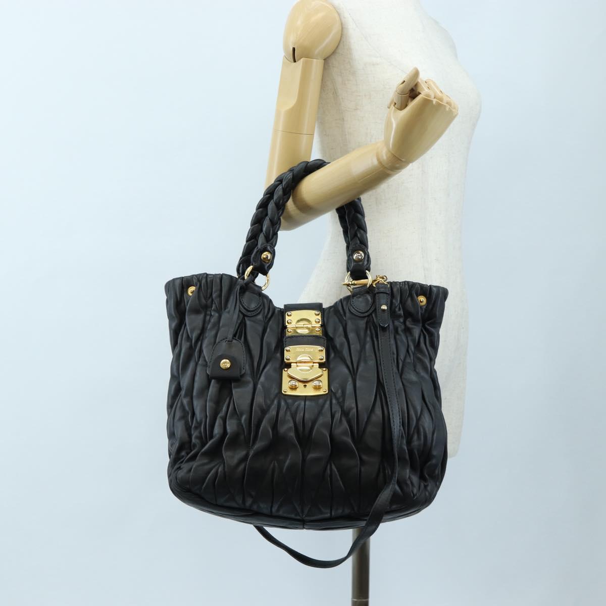 Miu Miu Matelasse Tote Bag Leather 2way Black Gold Tone Auth ki6716V