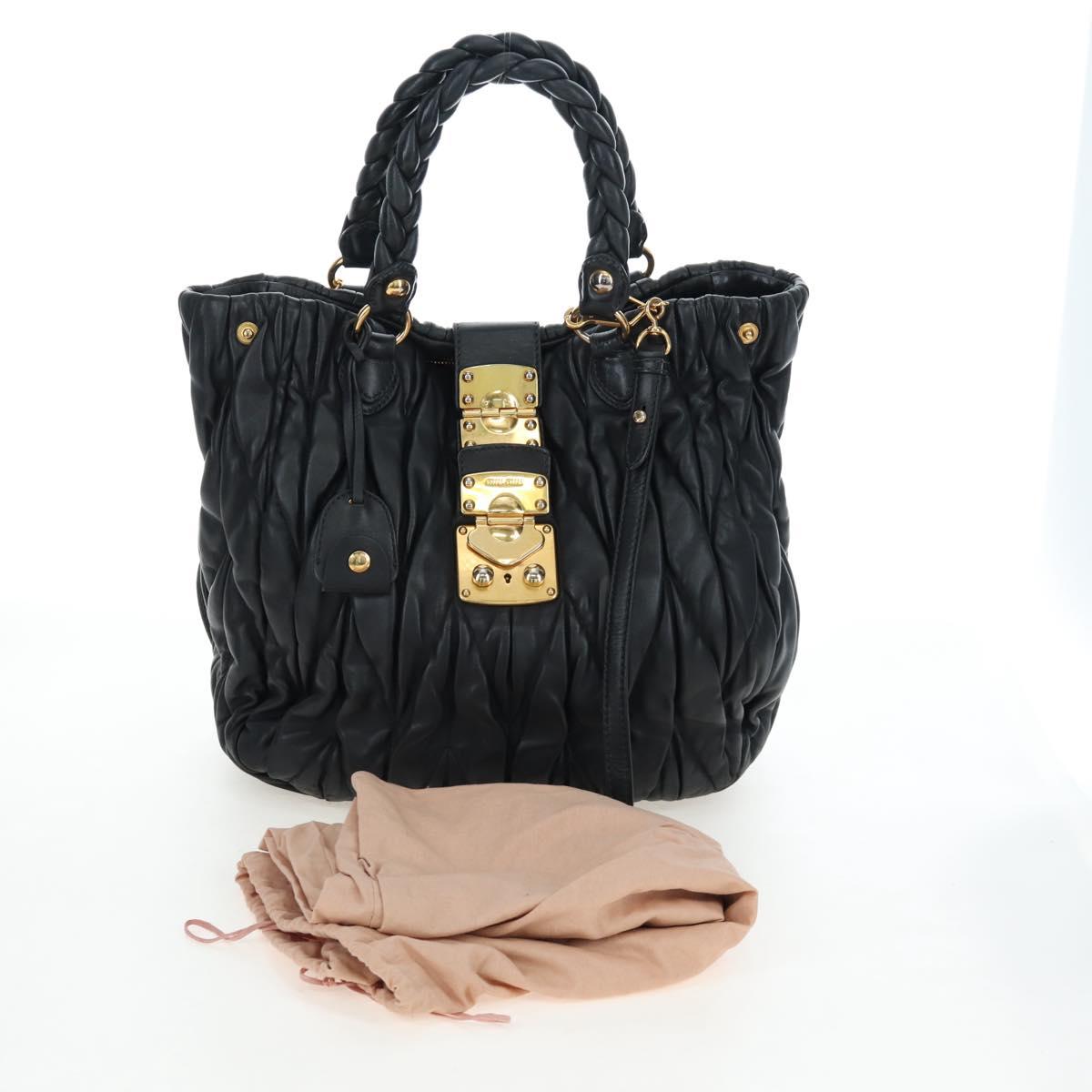 Miu Miu Matelasse Tote Bag Leather 2way Black Gold Tone Auth ki6716V