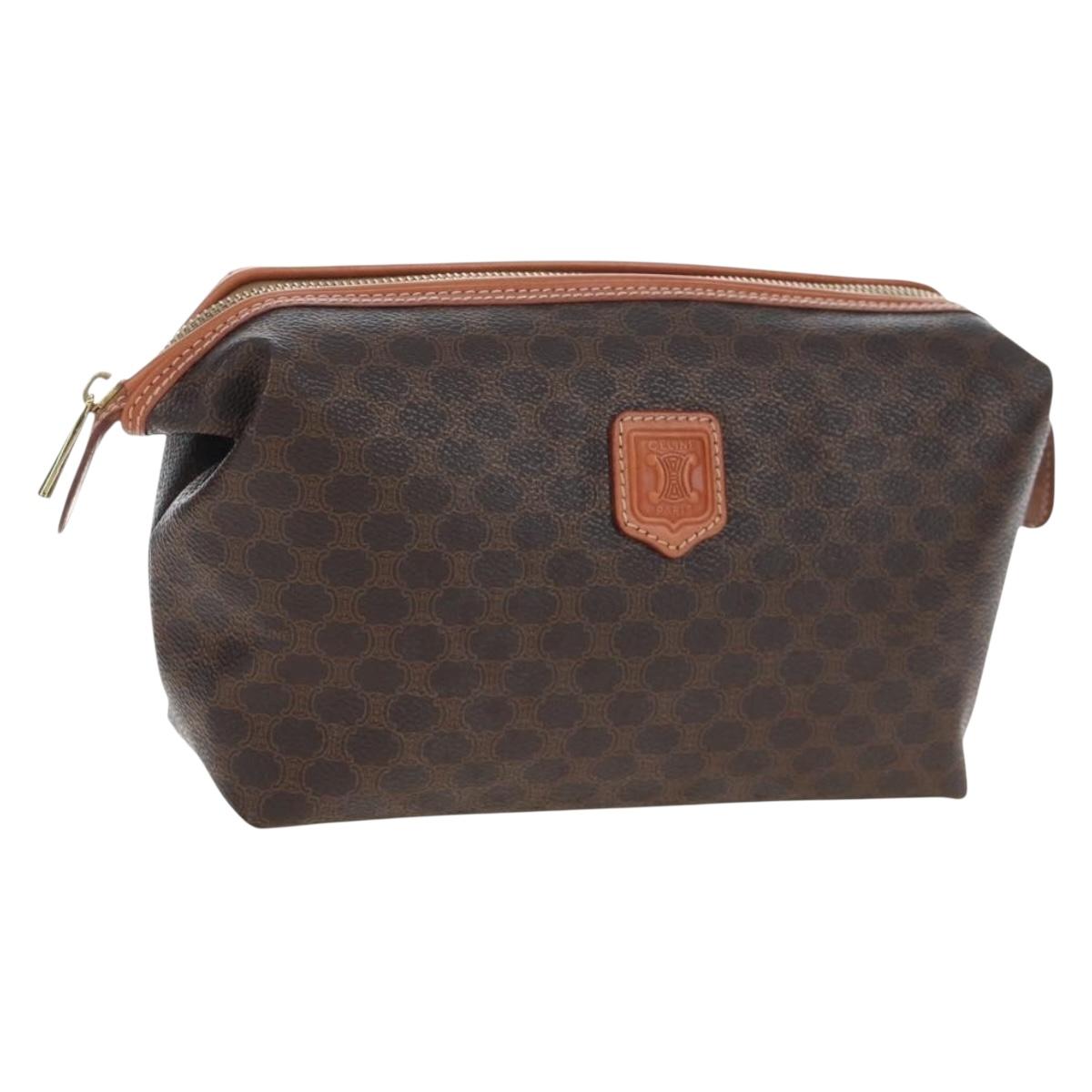CELINE Macadam Pouch PVC Leather Brown Gold Tone Auth ki6717V