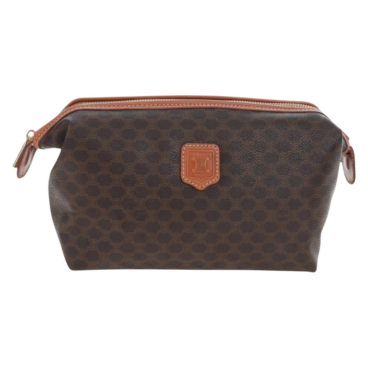 CELINE Macadam Pouch PVC Leather Brown Gold Tone Auth ki6717V