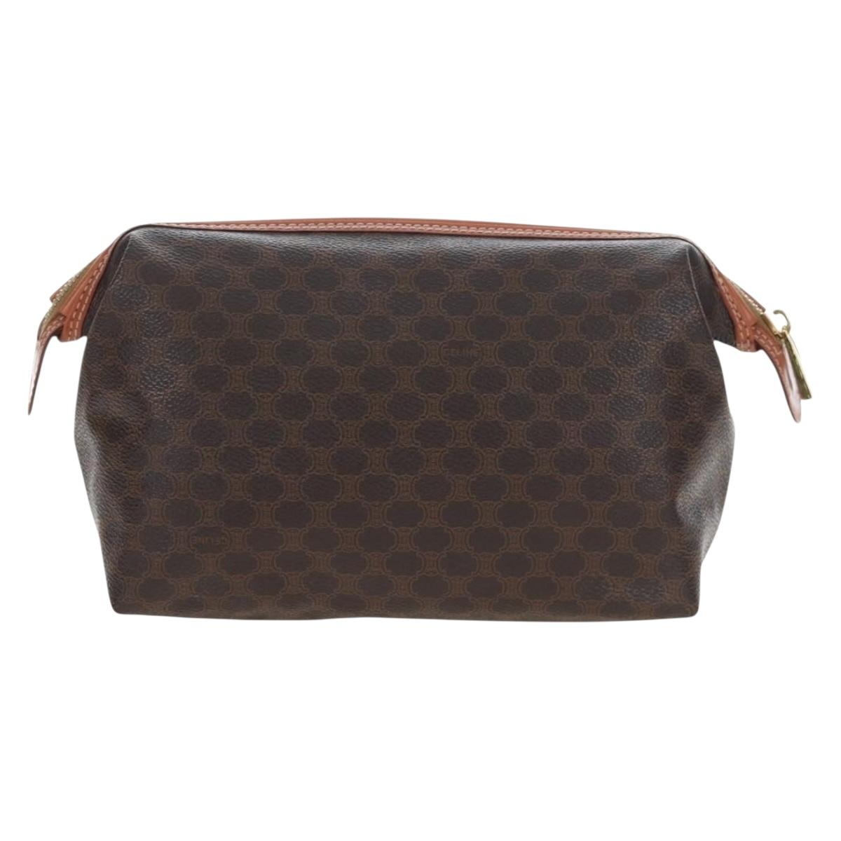 CELINE Macadam Pouch PVC Leather Brown Gold Tone Auth ki6717V