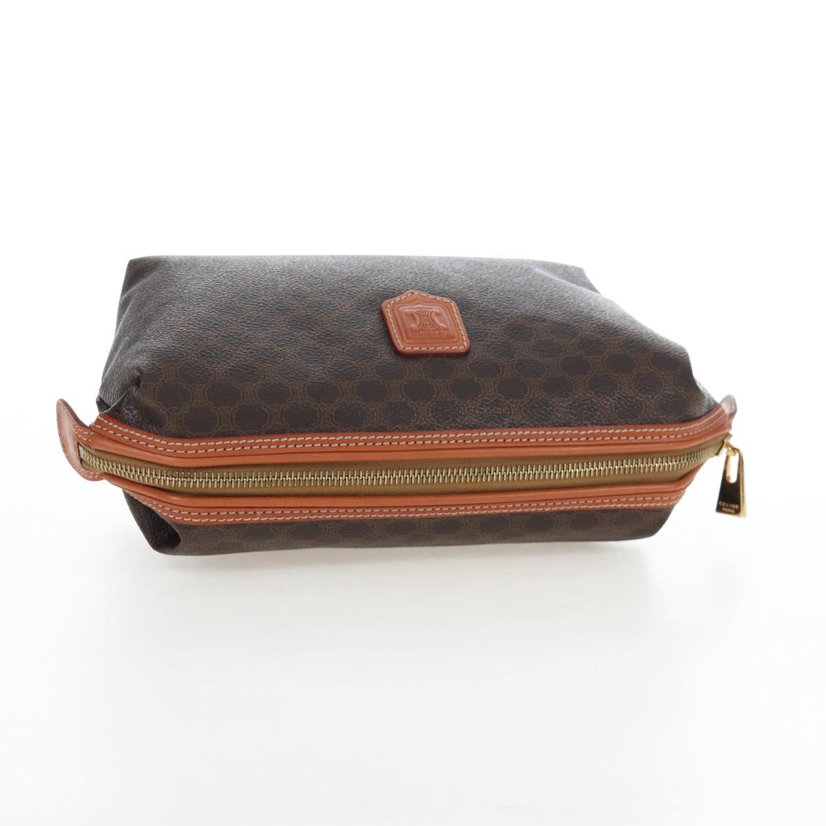 CELINE Macadam Pouch PVC Leather Brown Gold Tone Auth ki6717V