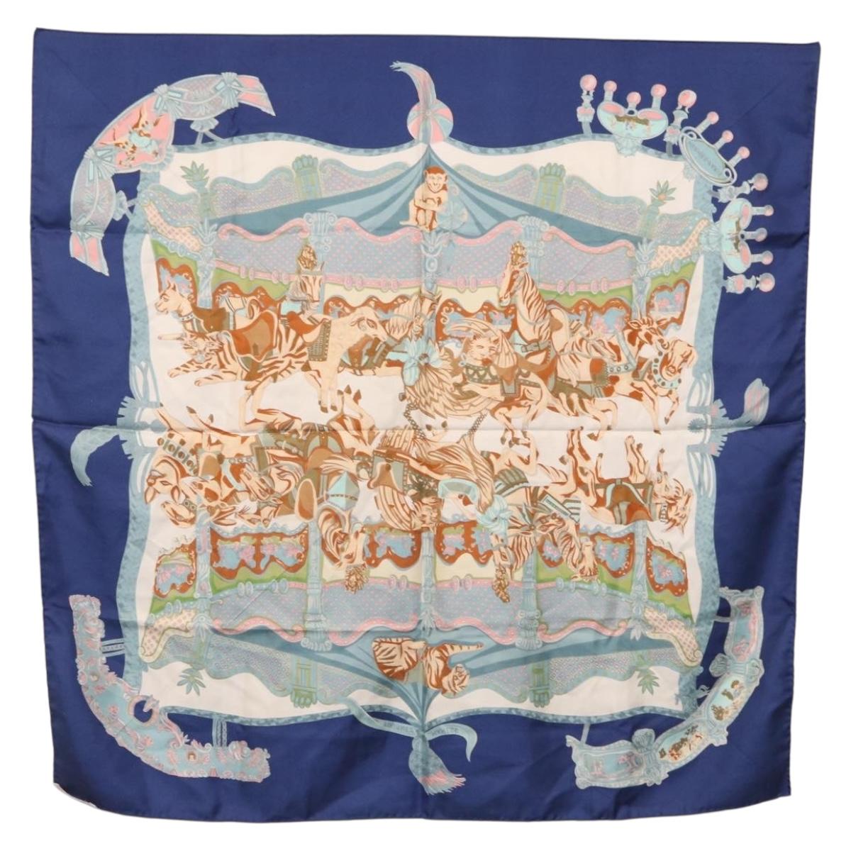 HERMES Carre 90 Scarf Silk ""TOURNEZ MANEGE"" Blue White Auth ki6721