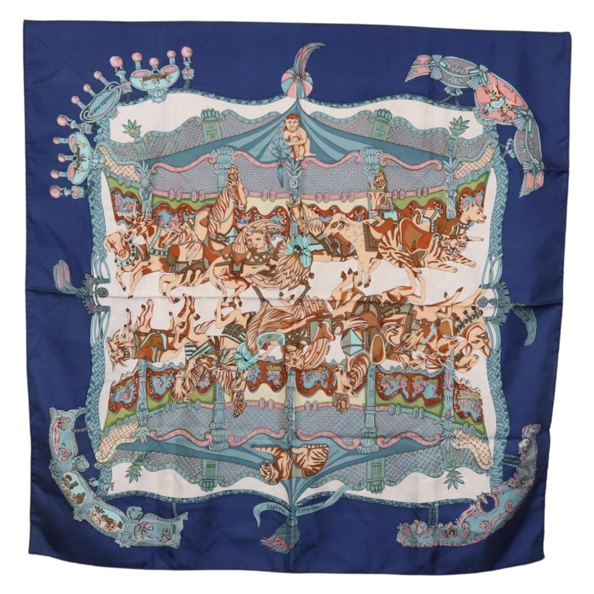 HERMES Carre 90 Scarf Silk ""TOURNEZ MANEGE"" Blue White Auth ki6721