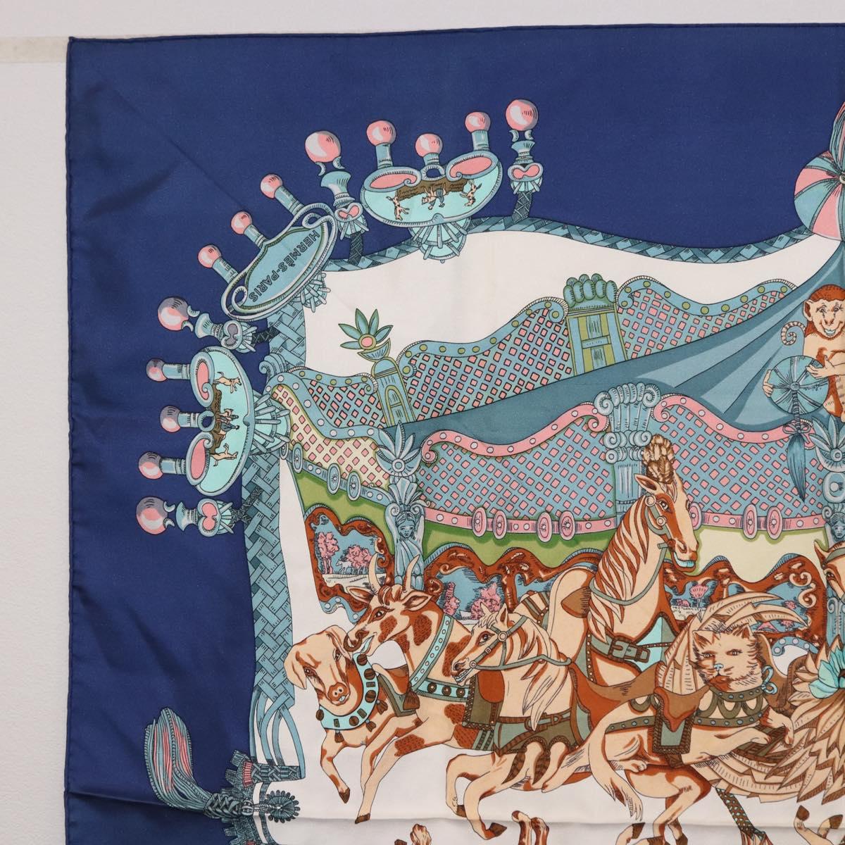 HERMES Carre 90 Scarf Silk ""TOURNEZ MANEGE"" Blue White Auth ki6721