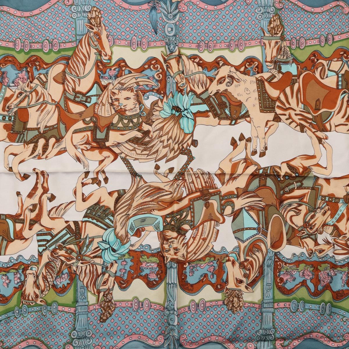 HERMES Carre 90 Scarf Silk ""TOURNEZ MANEGE"" Blue White Auth ki6721