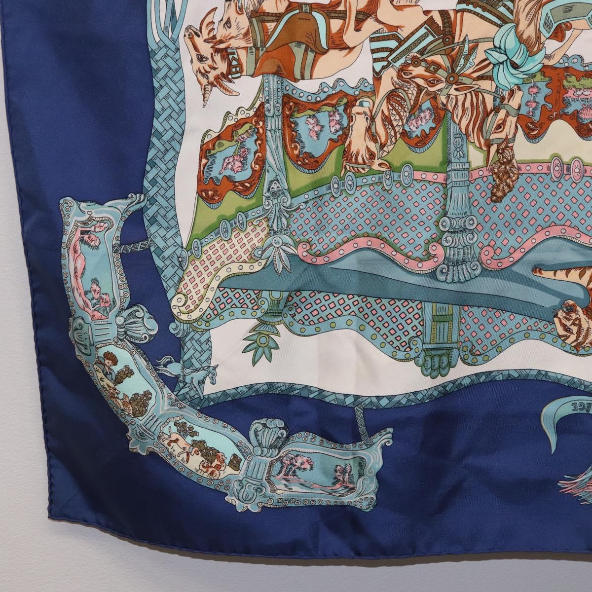 HERMES Carre 90 Scarf Silk ""TOURNEZ MANEGE"" Blue White Auth ki6721