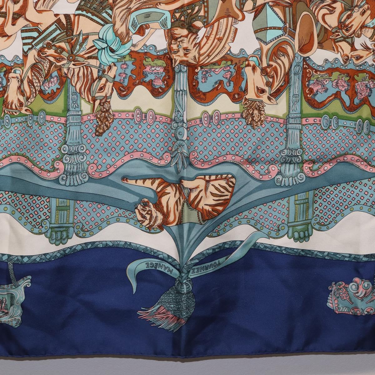 HERMES Carre 90 Scarf Silk ""TOURNEZ MANEGE"" Blue White Auth ki6721
