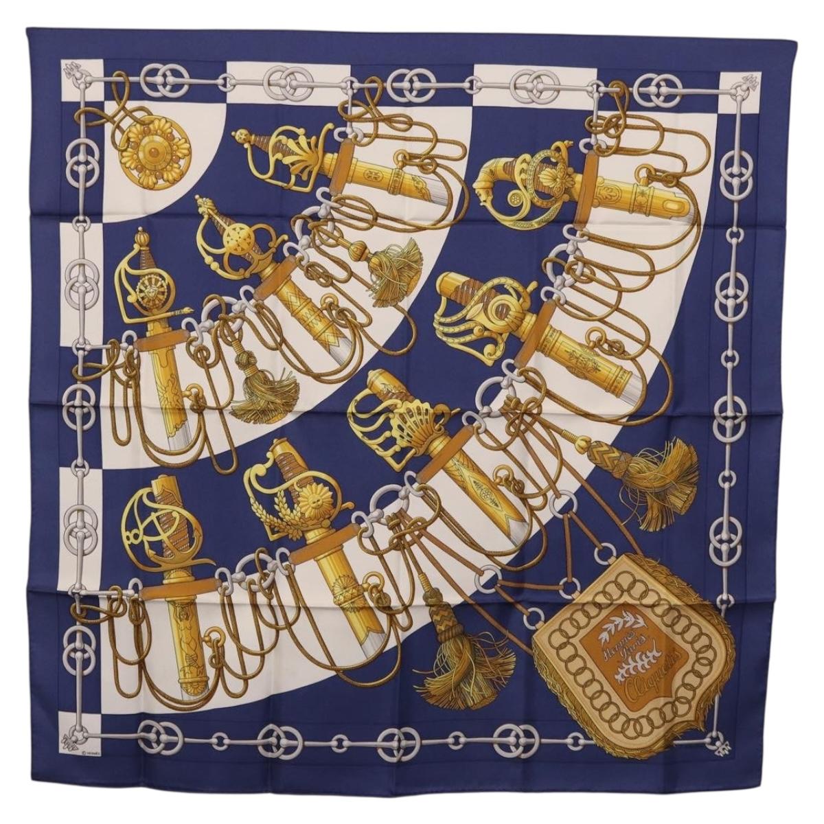 HERMES Carre 90 Scarf Silk ""Cliquetis"" Blue Gold Auth ki6724