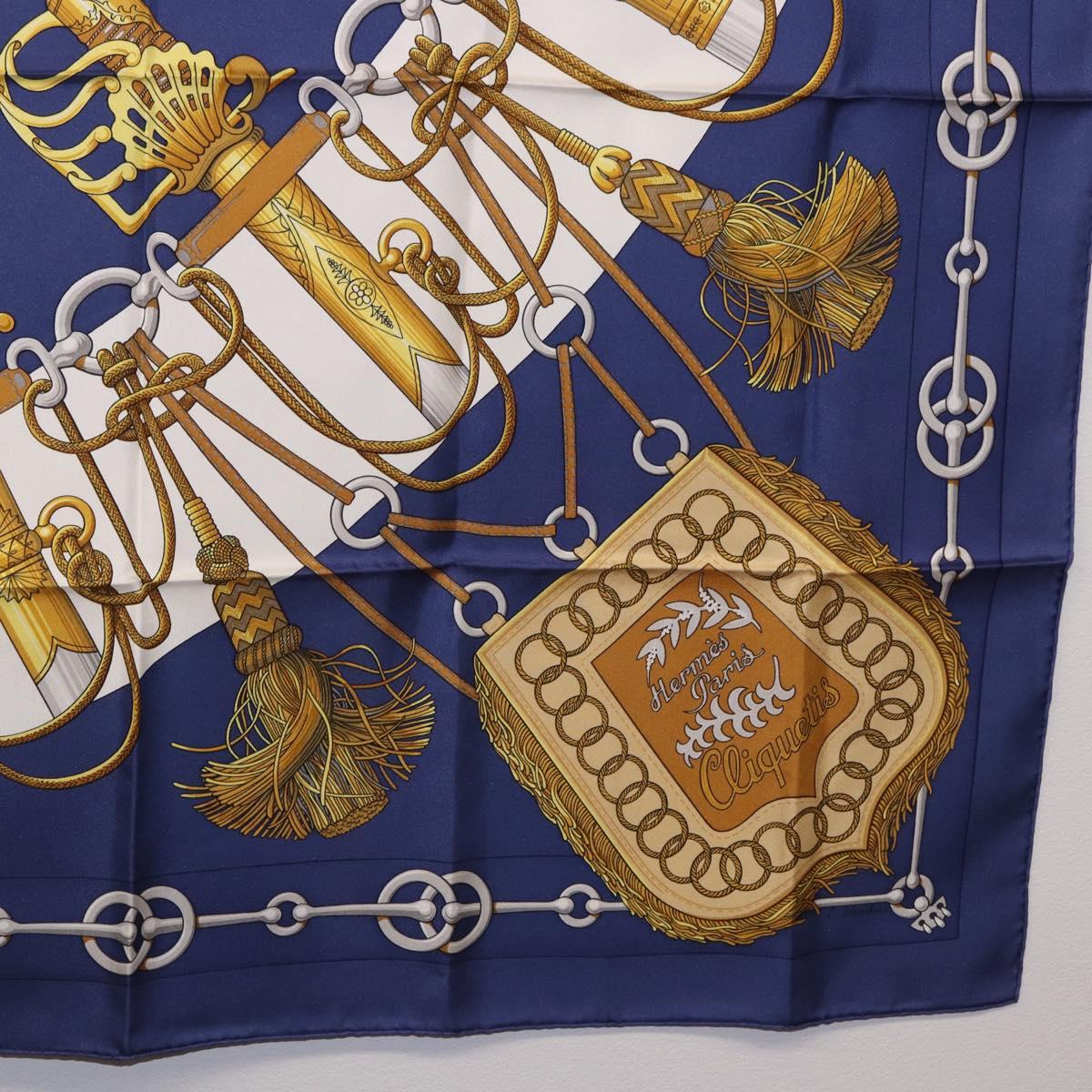 HERMES Carre 90 Scarf Silk ""Cliquetis"" Blue Gold Auth ki6724