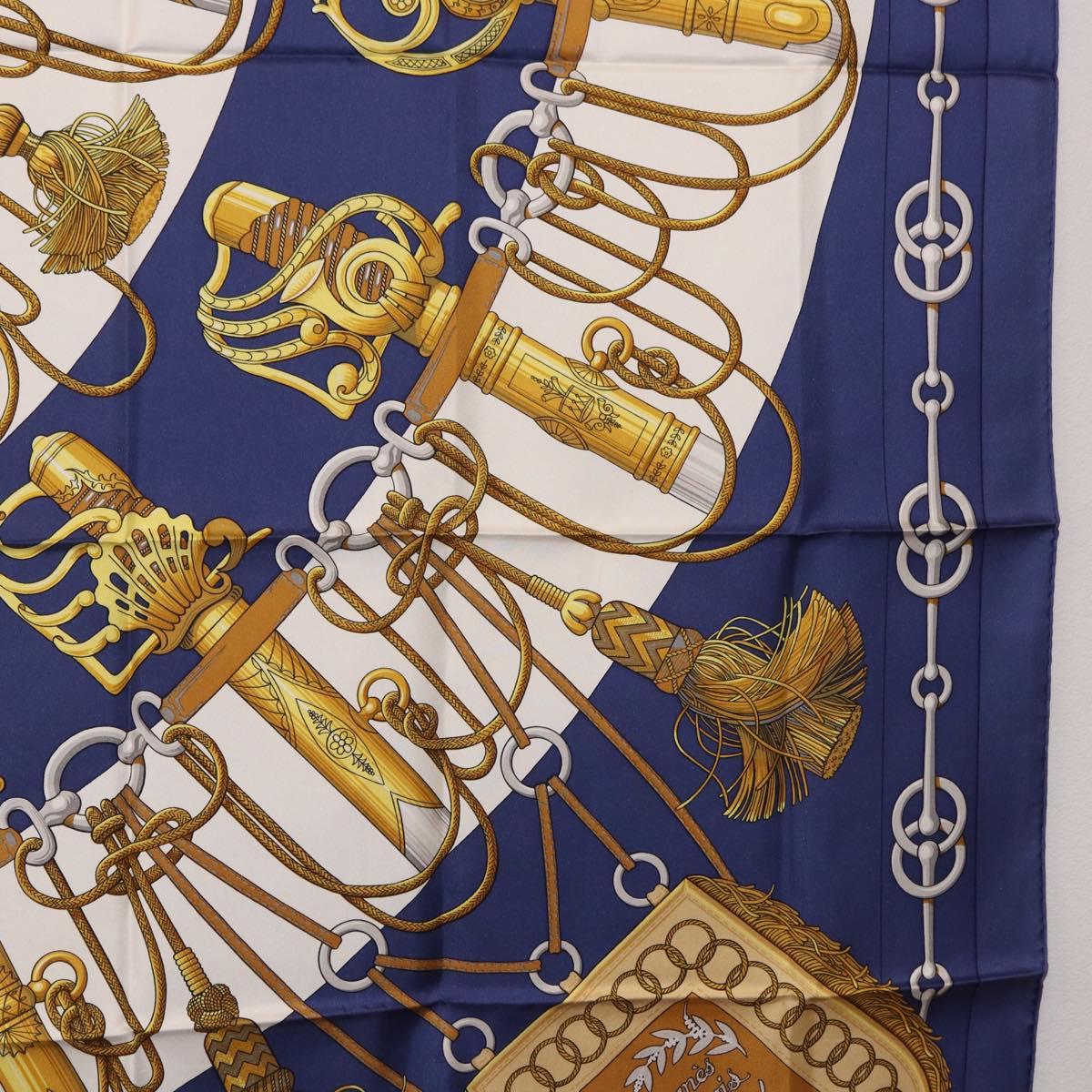 HERMES Carre 90 Scarf Silk ""Cliquetis"" Blue Gold Auth ki6724