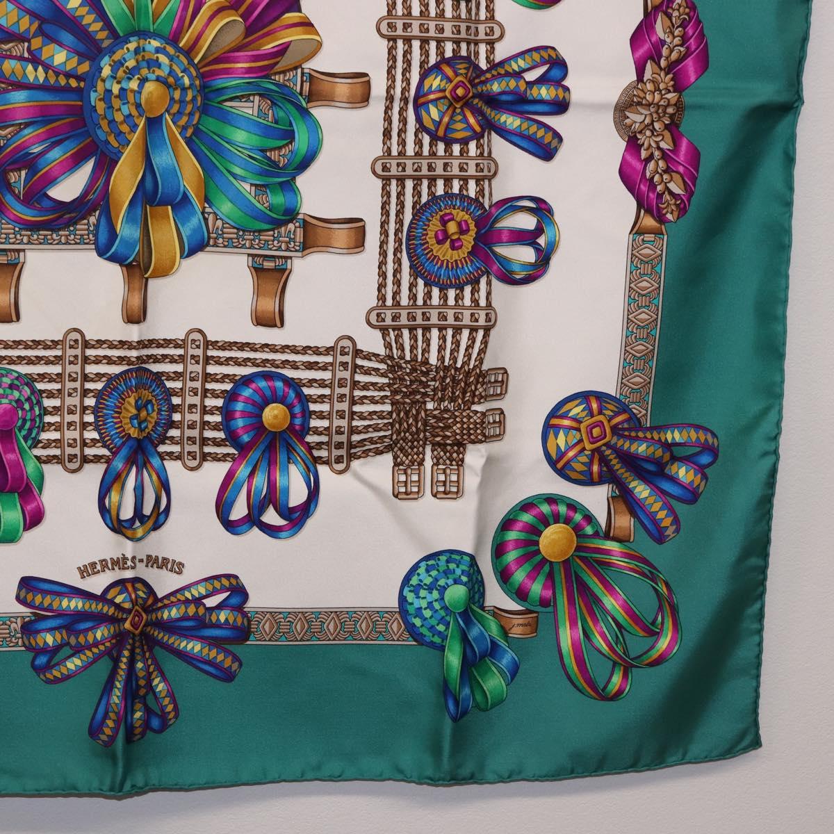 HERMES Carre 90 Scarf Silk ""LES RUBANS DU CHEVAL"" Green White Auth ki6726