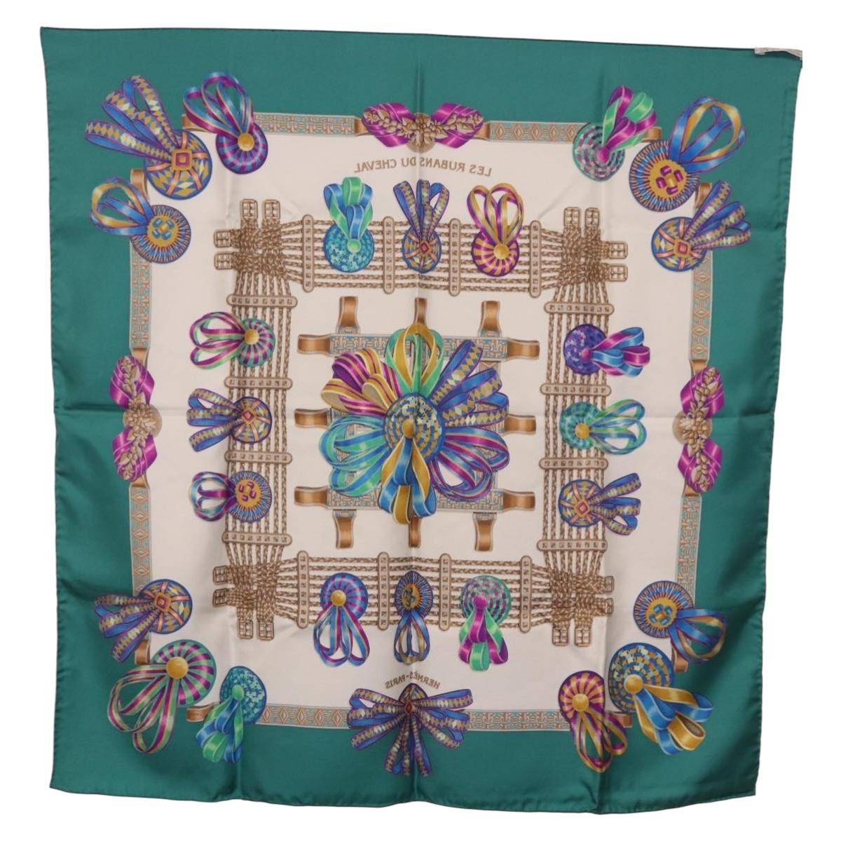 HERMES Carre 90 Scarf Silk ""LES RUBANS DU CHEVAL"" Green White Auth ki6726