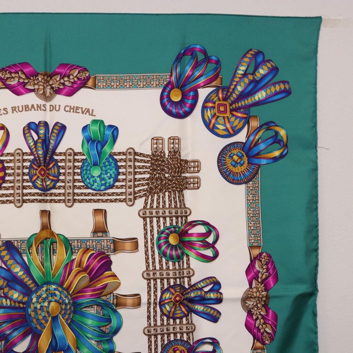 HERMES Carre 90 Scarf Silk ""LES RUBANS DU CHEVAL"" Green White Auth ki6726