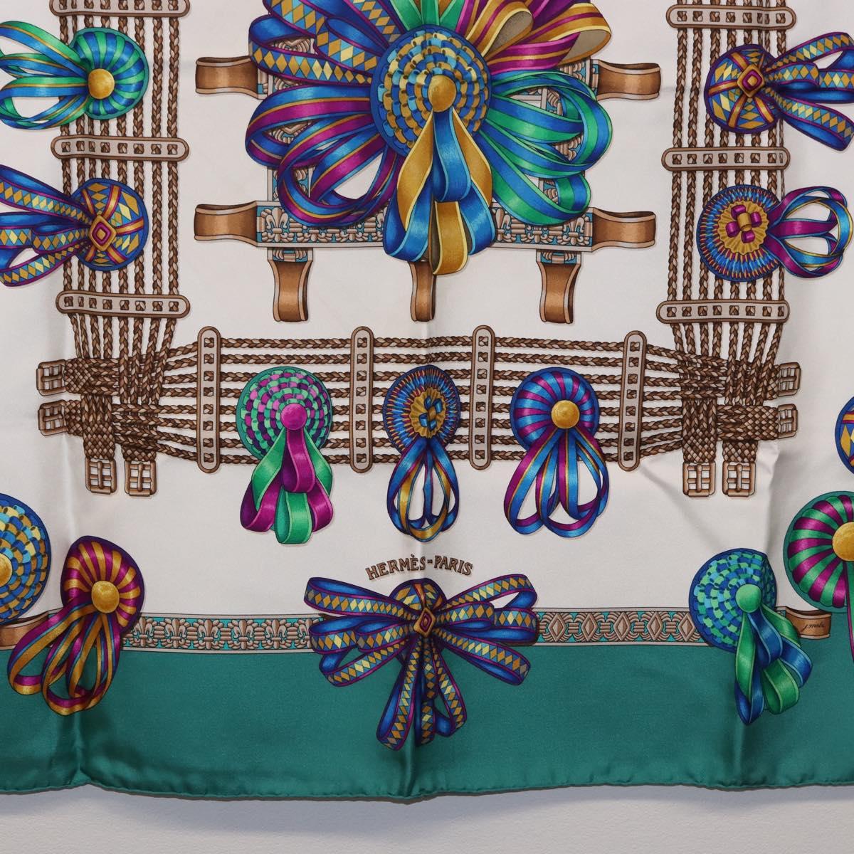 HERMES Carre 90 Scarf Silk ""LES RUBANS DU CHEVAL"" Green White Auth ki6726