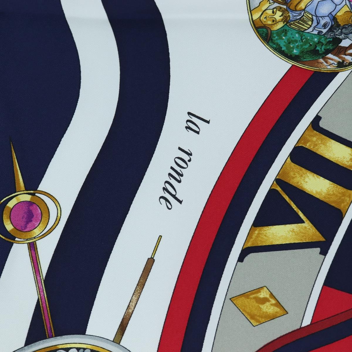 HERMES Carre 90 Scarf Silk ""la ronde des heures"" Navy White Auth ki6727M