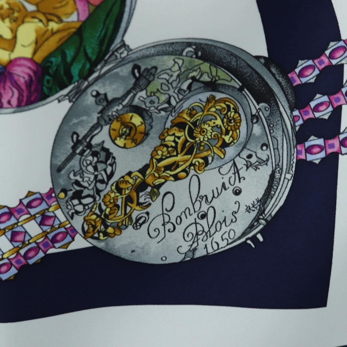 HERMES Carre 90 Scarf Silk ""la ronde des heures"" Navy White Auth ki6727M