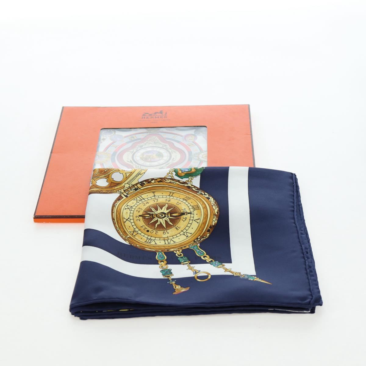 HERMES Carre 90 Scarf Silk ""la ronde des heures"" Navy White Auth ki6727M