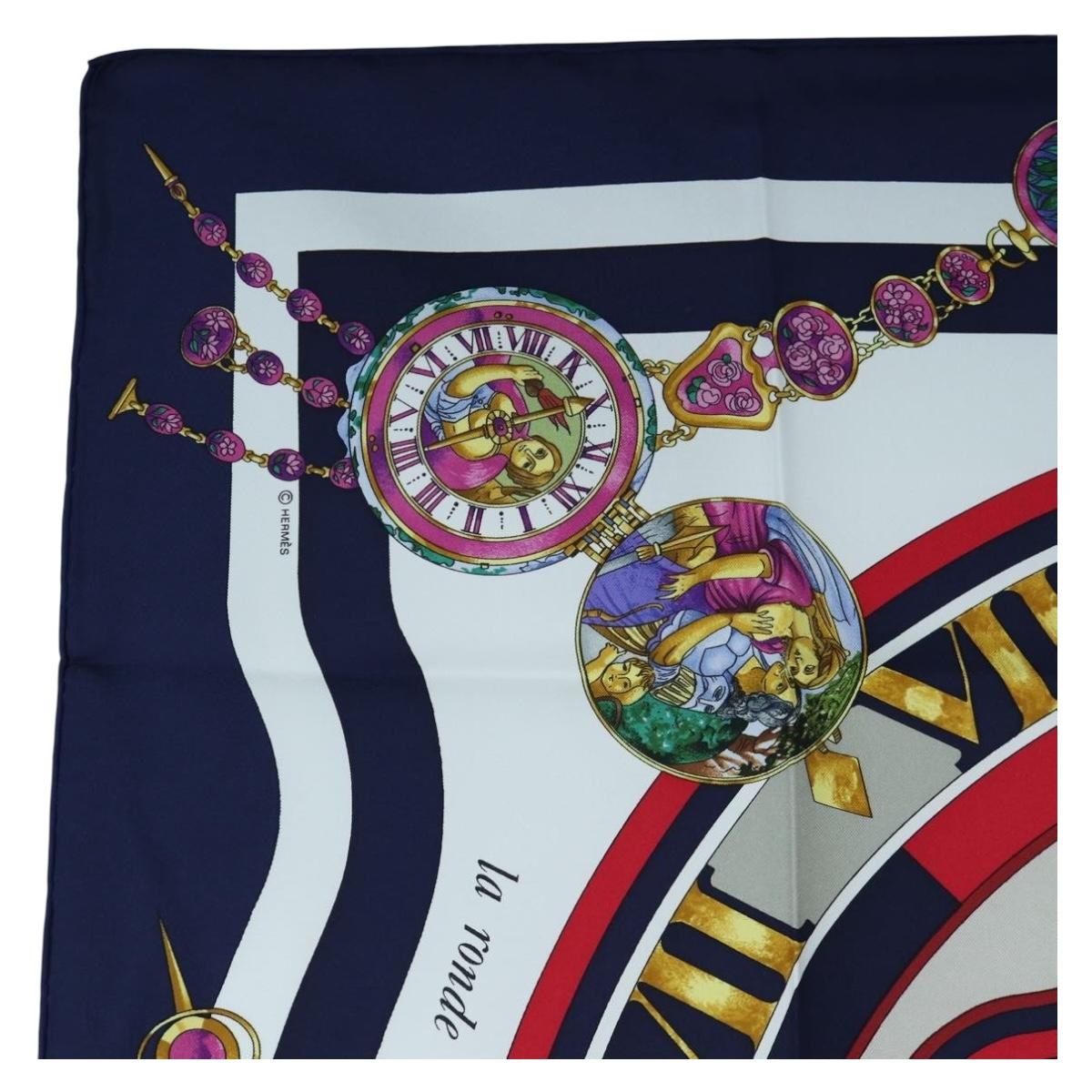 HERMES Carre 90 Scarf Silk ""la ronde des heures"" Navy White Auth ki6727M