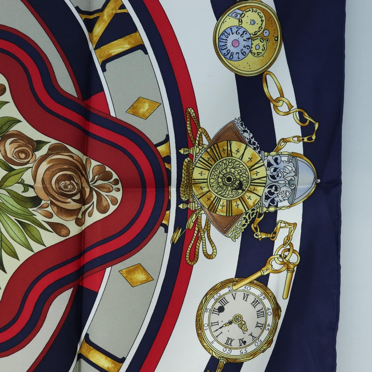 HERMES Carre 90 Scarf Silk ""la ronde des heures"" Navy White Auth ki6727M