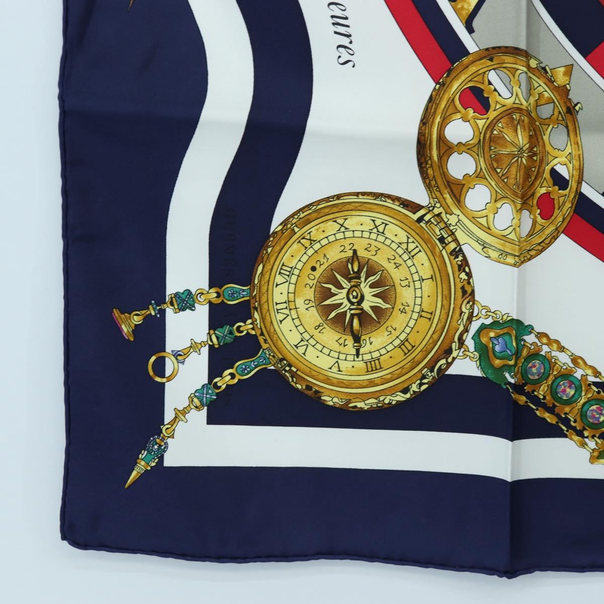 HERMES Carre 90 Scarf Silk ""la ronde des heures"" Navy White Auth ki6727M