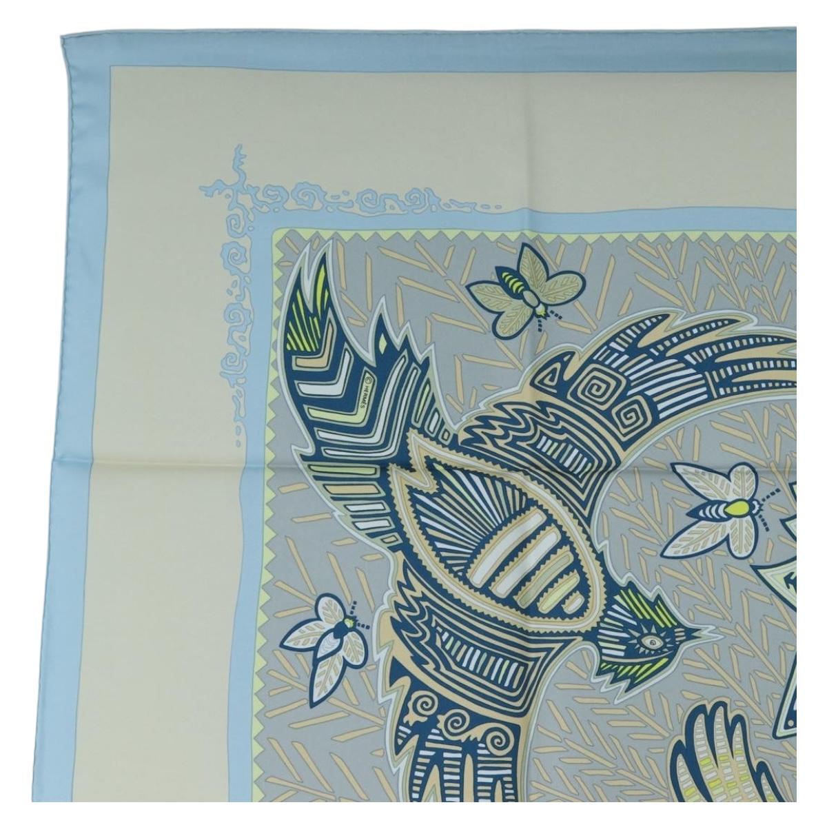 HERMES Carre 90 Scarf Silk ”LEGENDE KUNA PEUPLE DE PANAMA"" Blue Auth ki6728M
