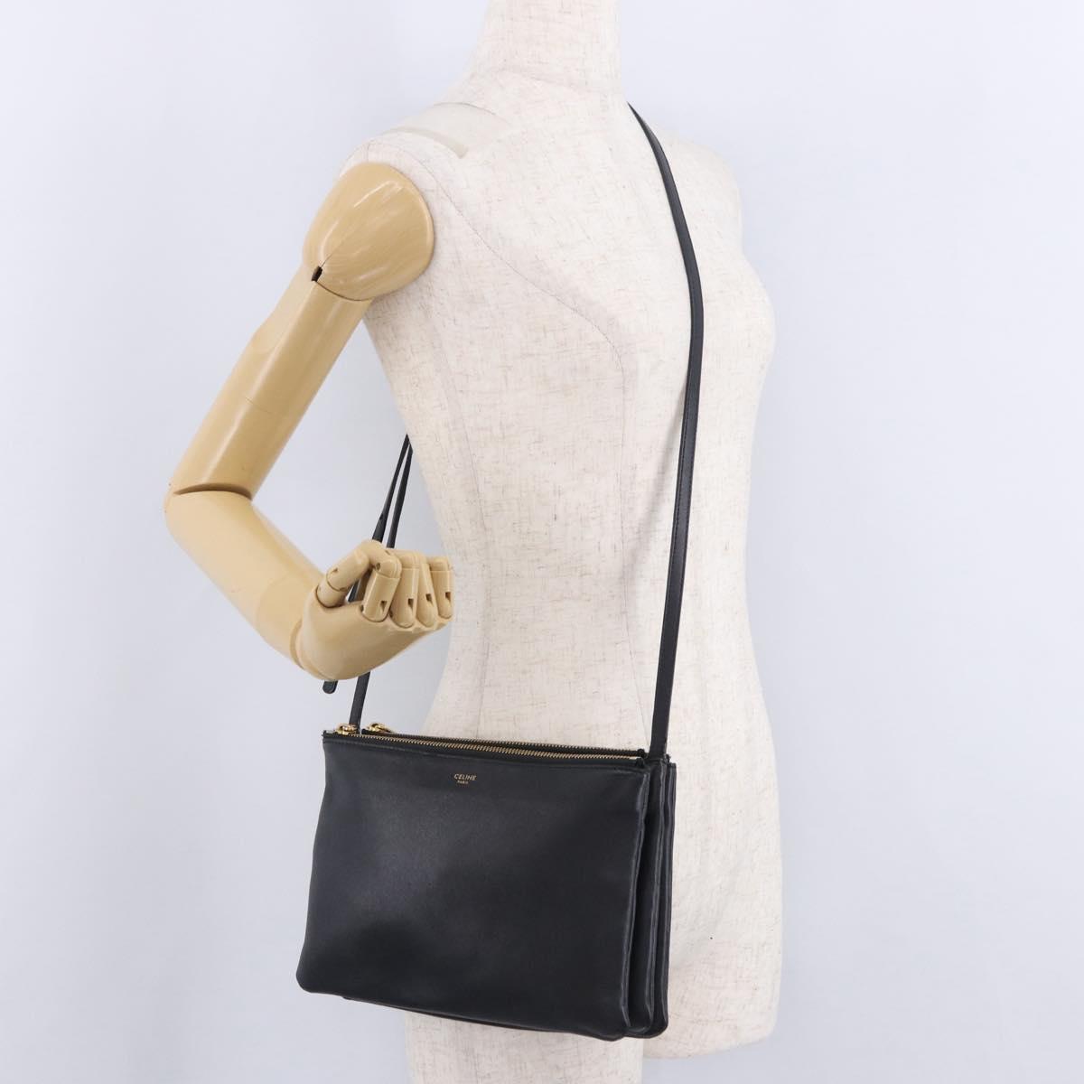 CELINE Trio Large Shoulder Bag Leather Black Gold Tone Auth ki6732V