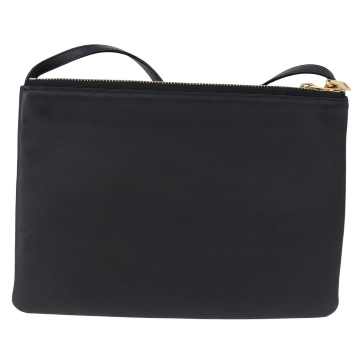 CELINE Trio Large Shoulder Bag Leather Black Gold Tone Auth ki6732V