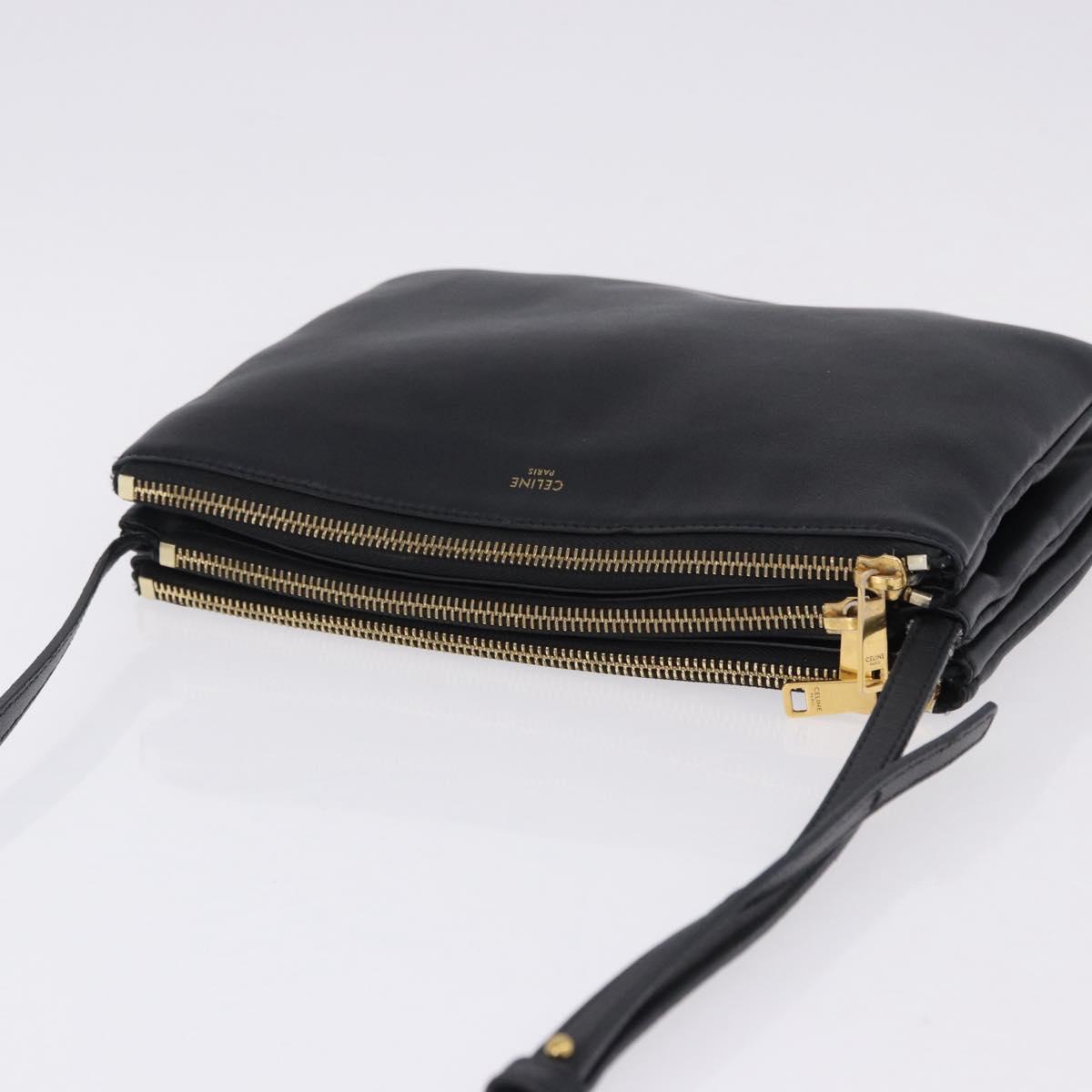 CELINE Trio Large Shoulder Bag Leather Black Gold Tone Auth ki6732V
