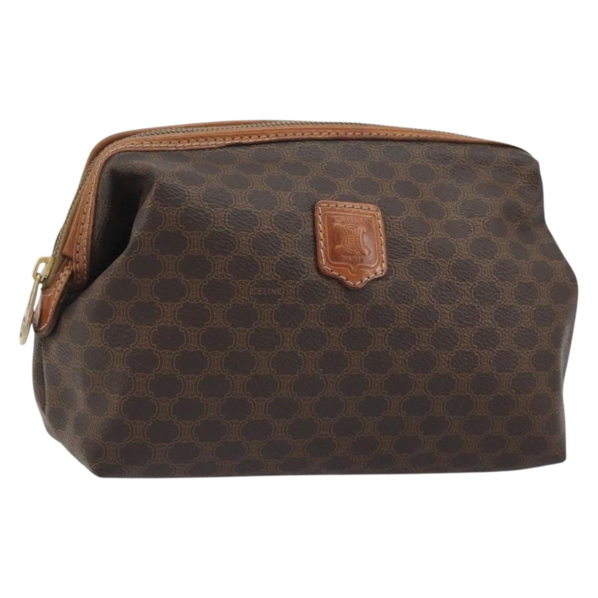 CELINE Macadam Pouch PVC Leather Brown Gold Tone Auth ki6733