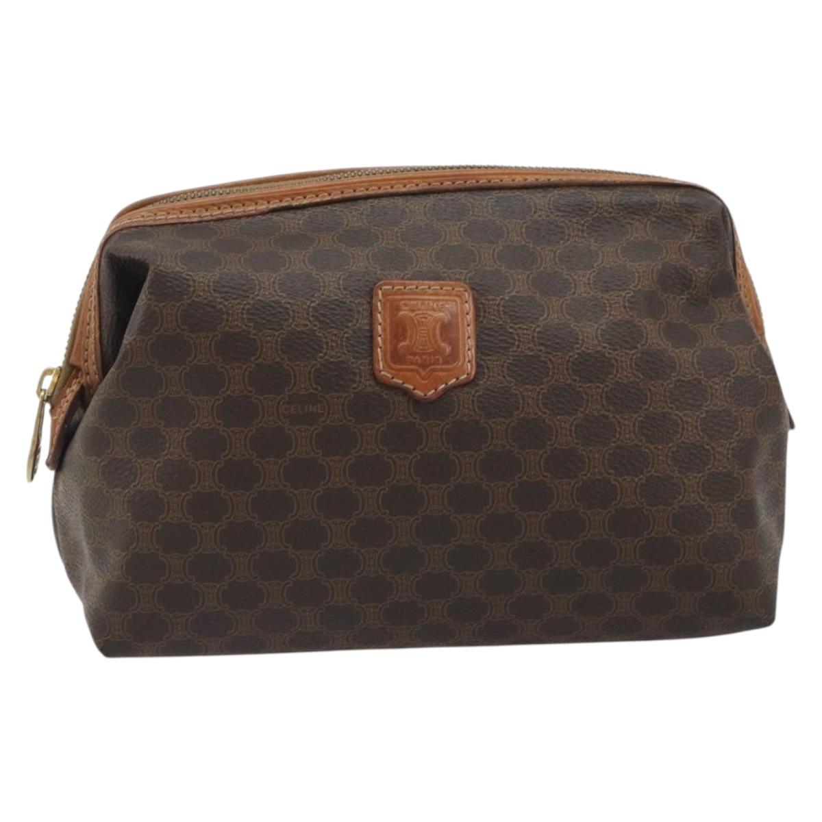 CELINE Macadam Pouch PVC Leather Brown Gold Tone Auth ki6733