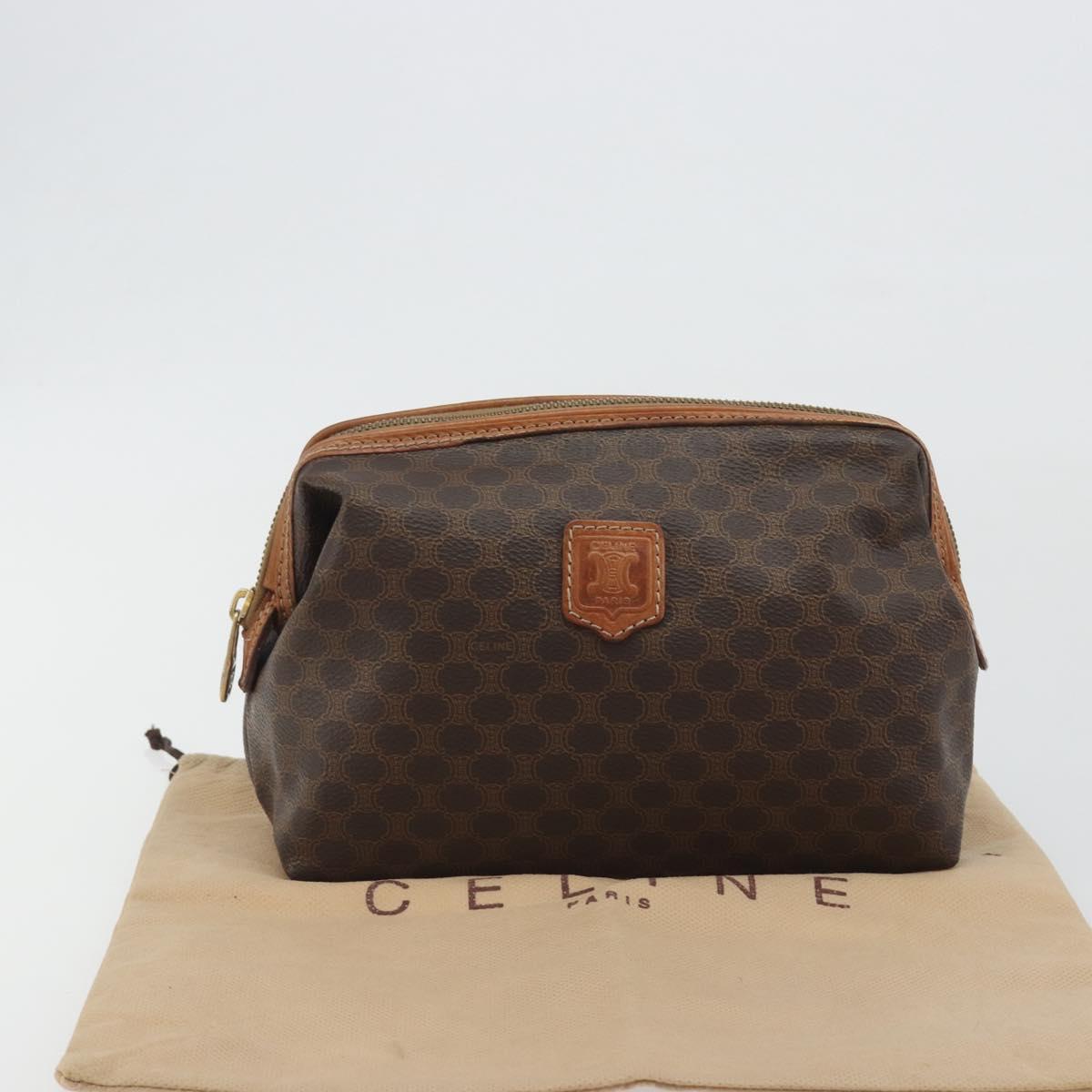 CELINE Macadam Pouch PVC Leather Brown Gold Tone Auth ki6733