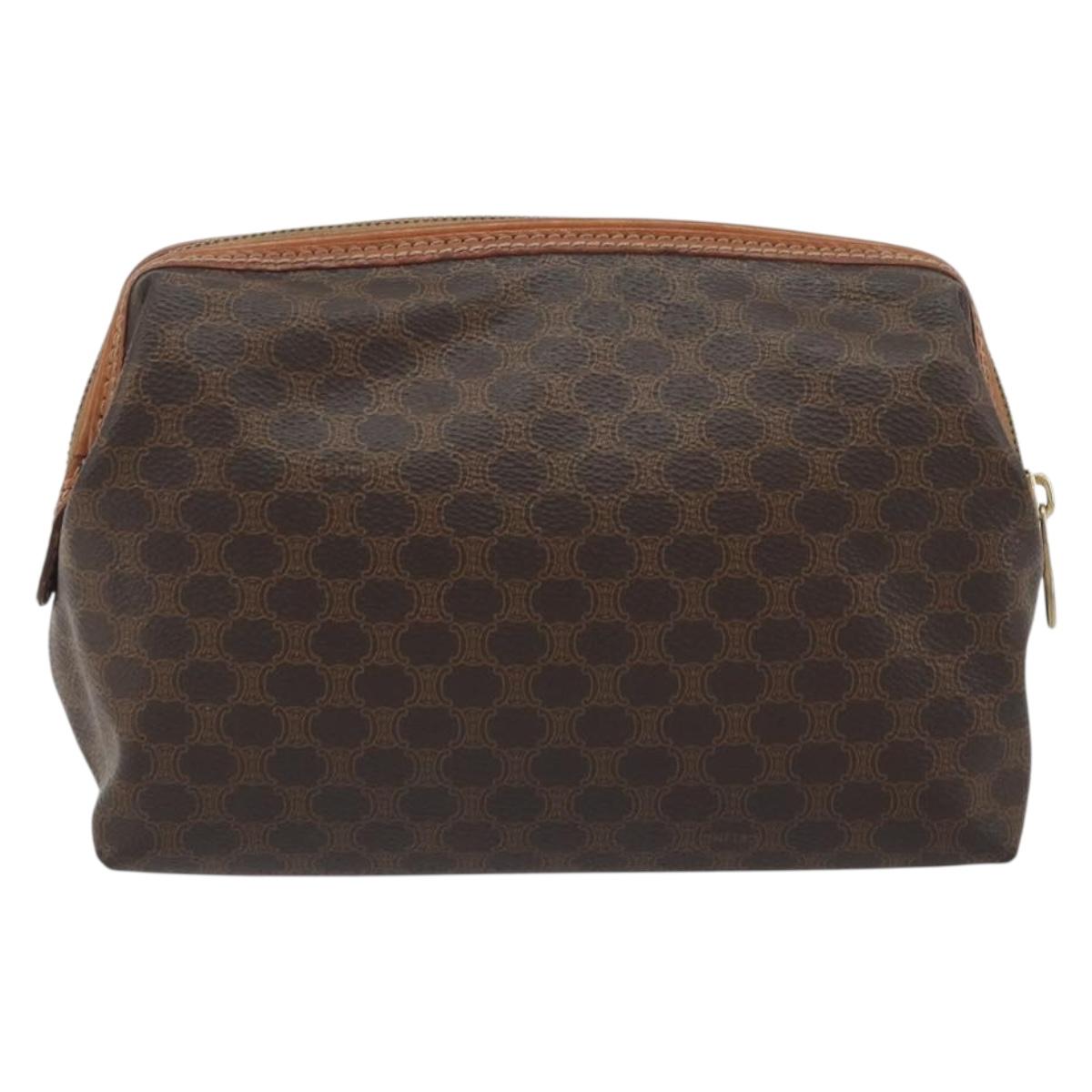 CELINE Macadam Pouch PVC Leather Brown Gold Tone Auth ki6733