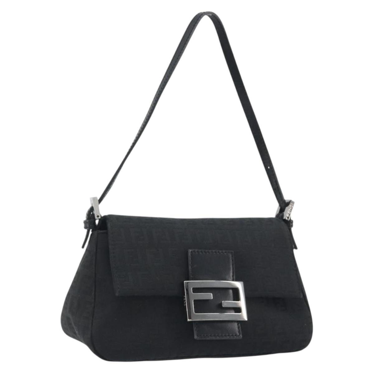 FENDI Zucchino Canvas Mamma Baguette Shoulder Bag Black Silver Auth ki6734M