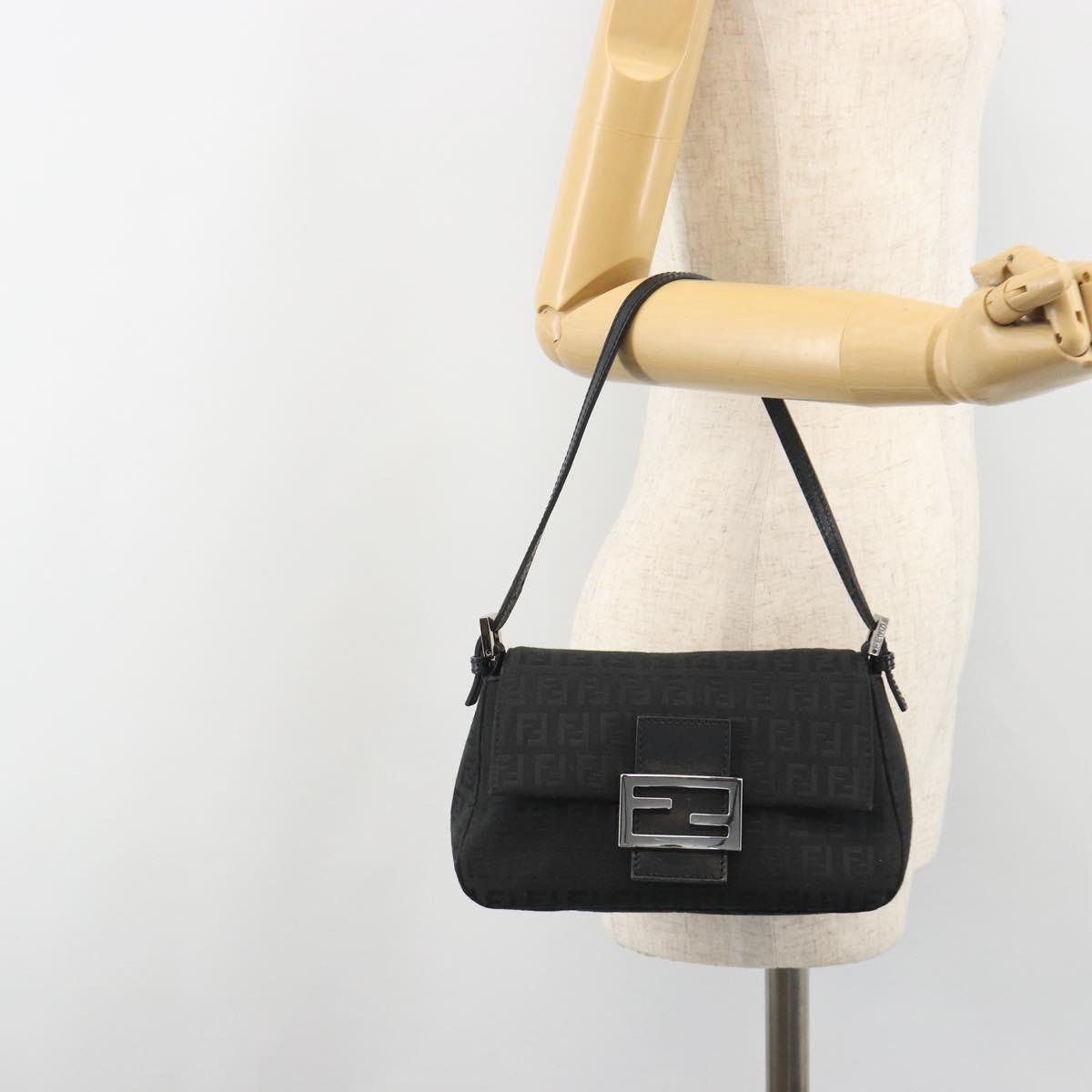 FENDI Zucchino Canvas Mamma Baguette Shoulder Bag Black Silver Auth ki6734M