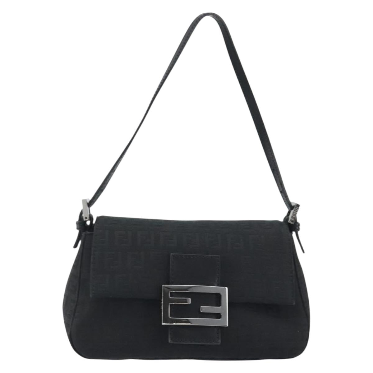 FENDI Zucchino Canvas Mamma Baguette Shoulder Bag Black Silver Auth ki6734M