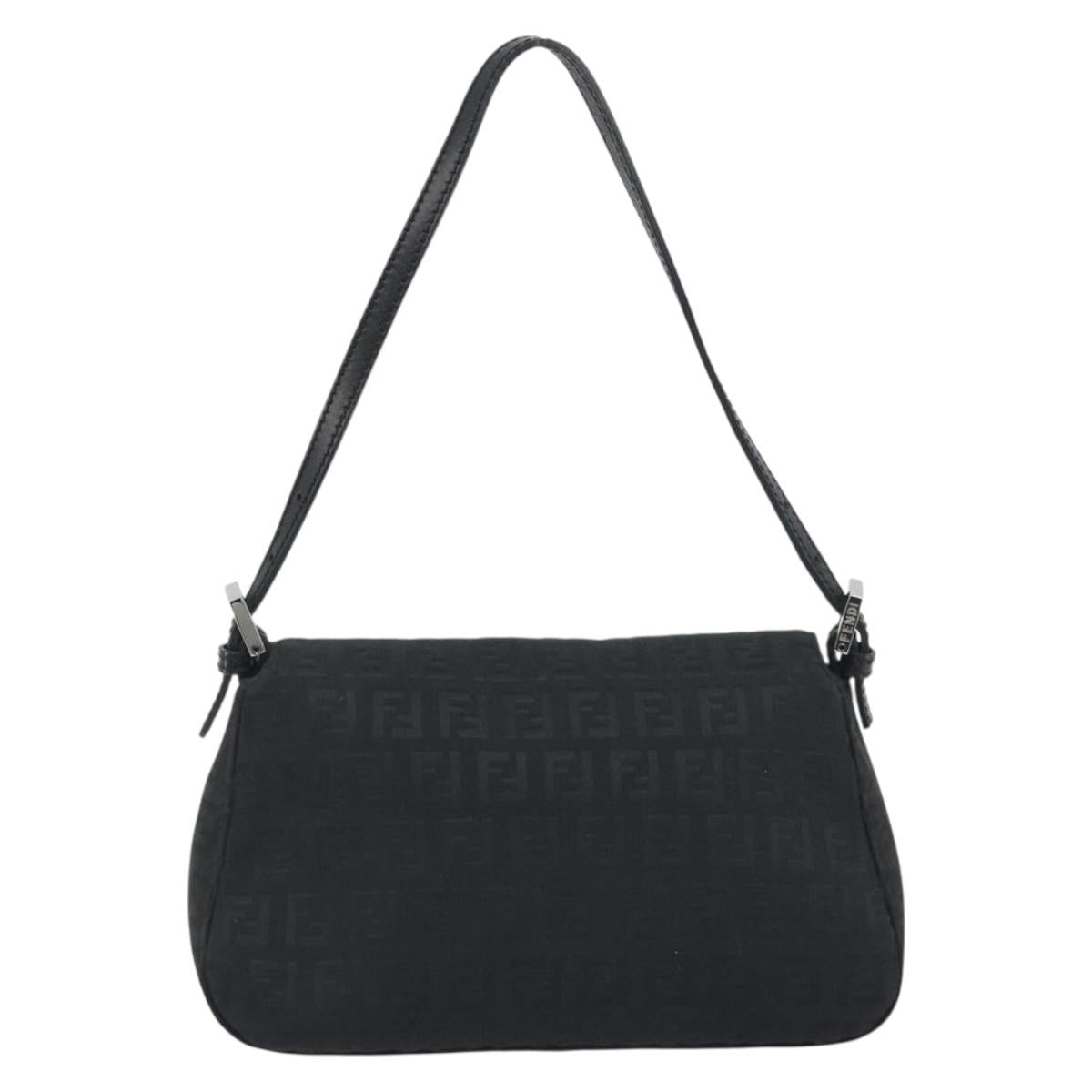FENDI Zucchino Canvas Mamma Baguette Shoulder Bag Black Silver Auth ki6734M