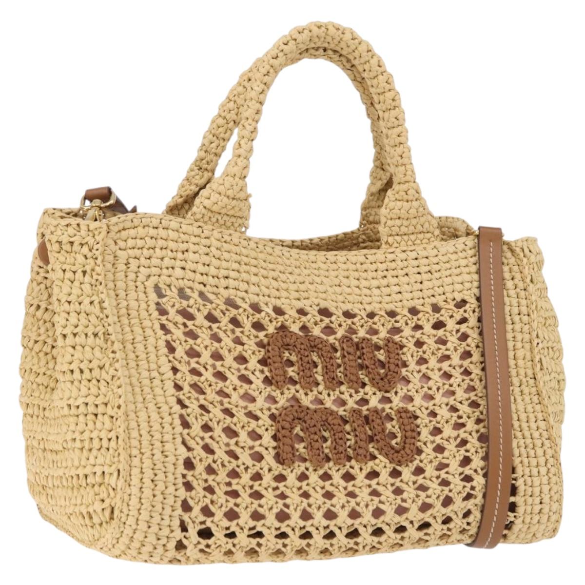 Miu Miu Woven Tote Bag Raffia 2way Beige Gold Tone Auth ki6738M