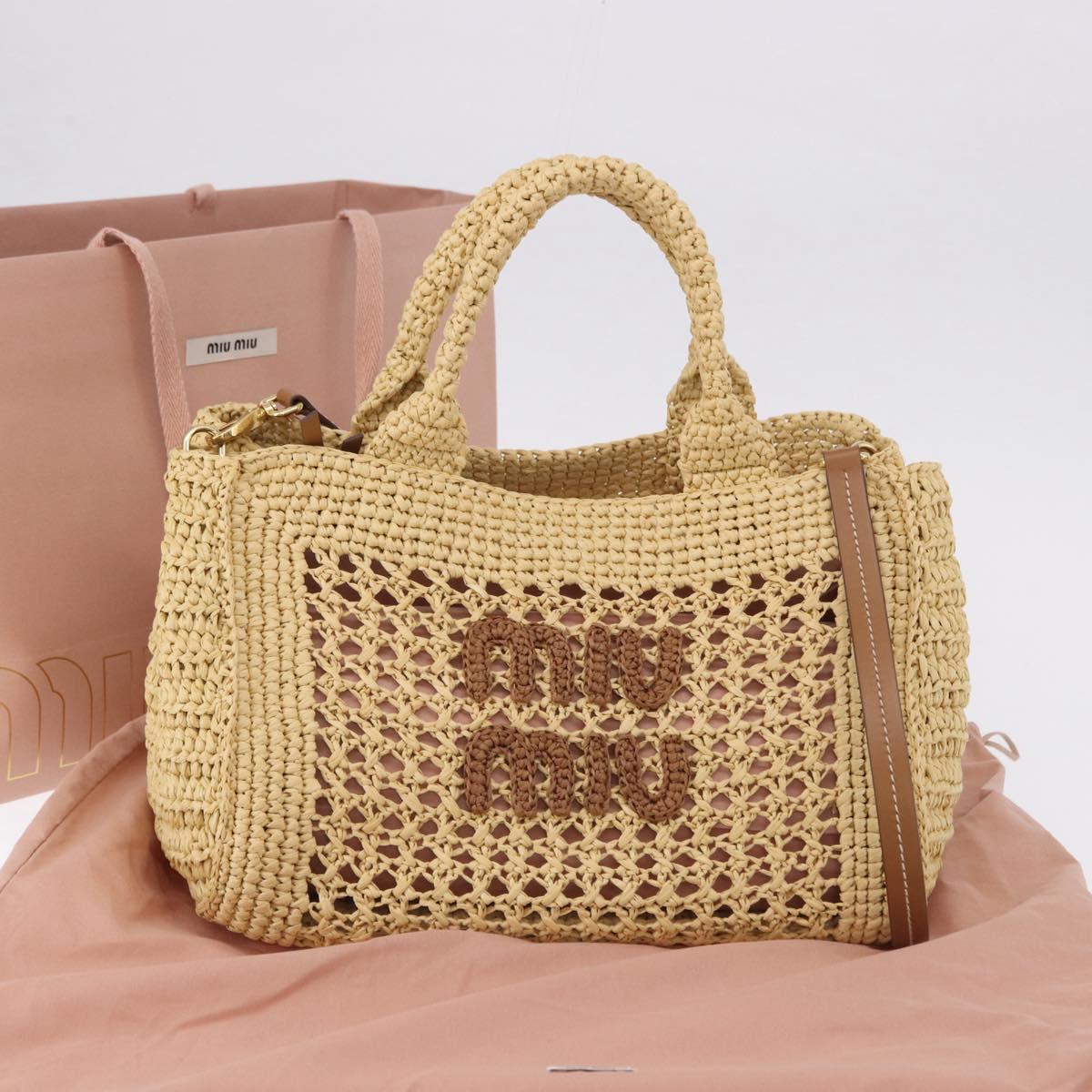Miu Miu Woven Tote Bag Raffia 2way Beige Gold Tone Auth ki6738M