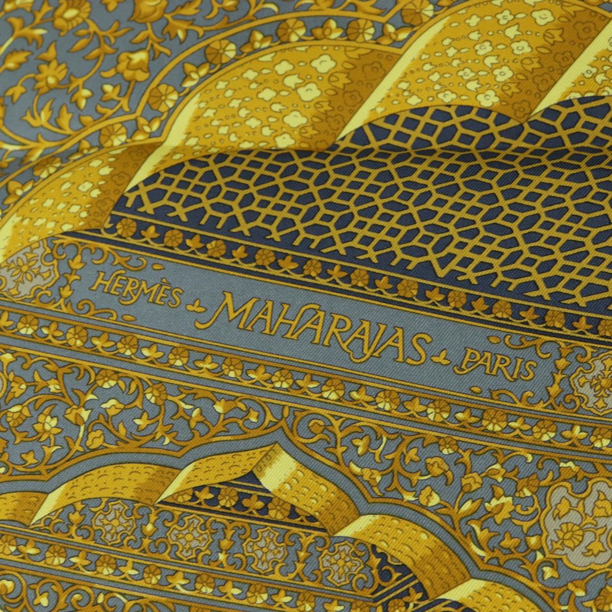 HERMES Carre 90 Scarf Silk ""MAHARAJAS"" Blue Gold Auth ki6741M