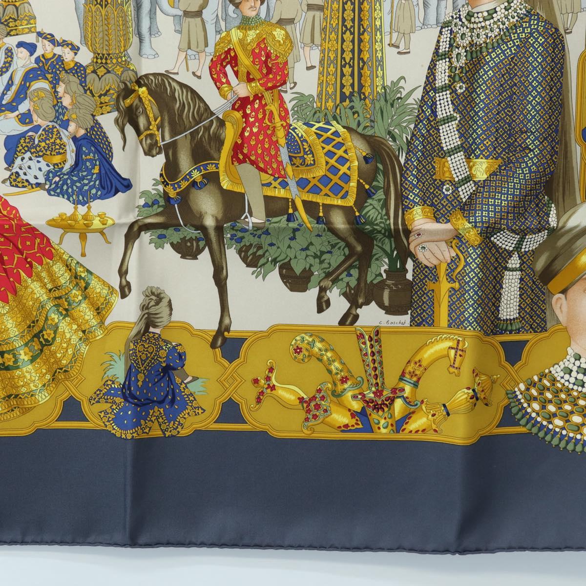 HERMES Carre 90 Scarf Silk ""MAHARAJAS"" Blue Gold Auth ki6741M