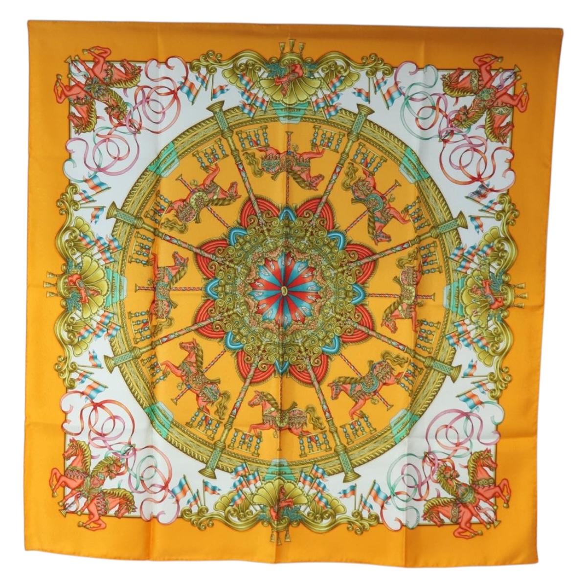 HERMES Carre 90 Scarf Silk ""LUNA ARK"" Orange White Auth ki6742M