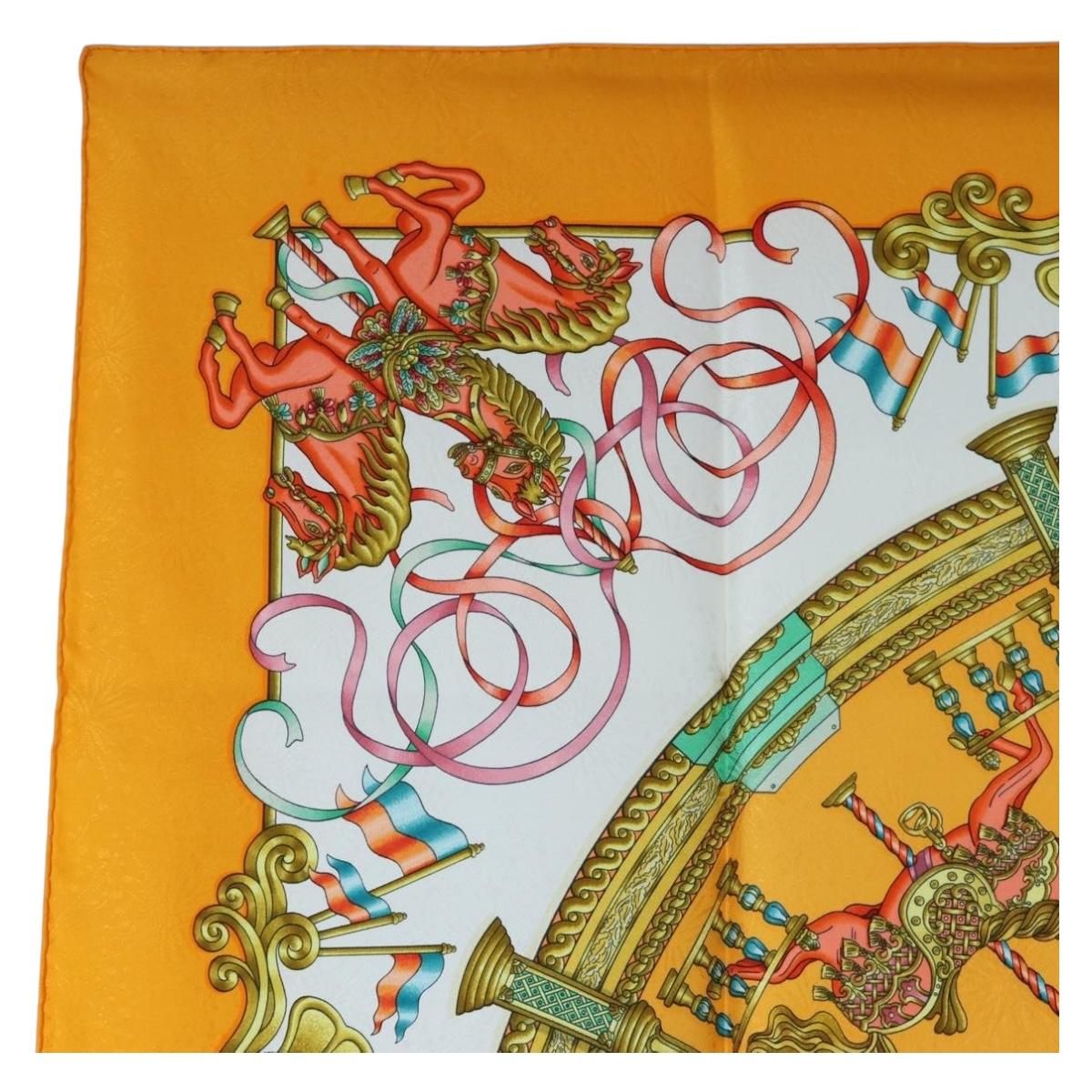 HERMES Carre 90 Scarf Silk ""LUNA ARK"" Orange White Auth ki6742M