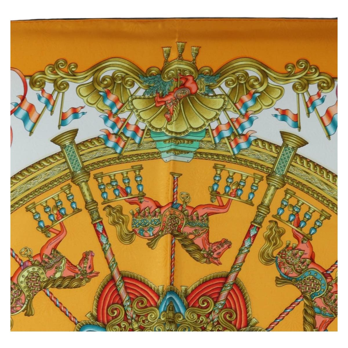 HERMES Carre 90 Scarf Silk ""LUNA ARK"" Orange White Auth ki6742M