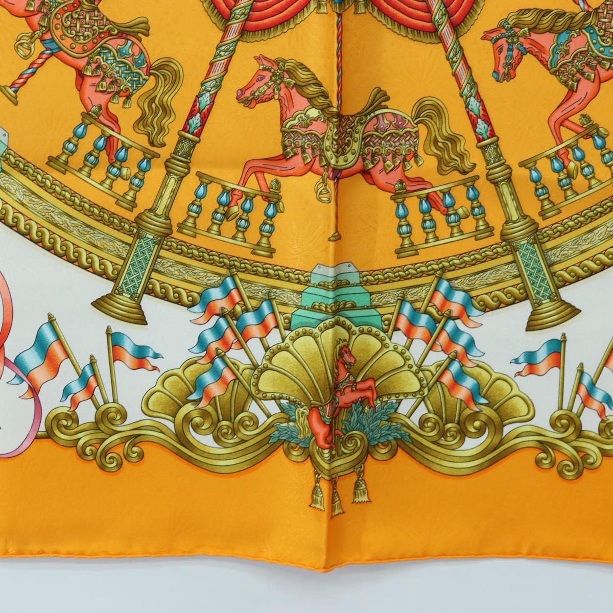 HERMES Carre 90 Scarf Silk ""LUNA ARK"" Orange White Auth ki6742M