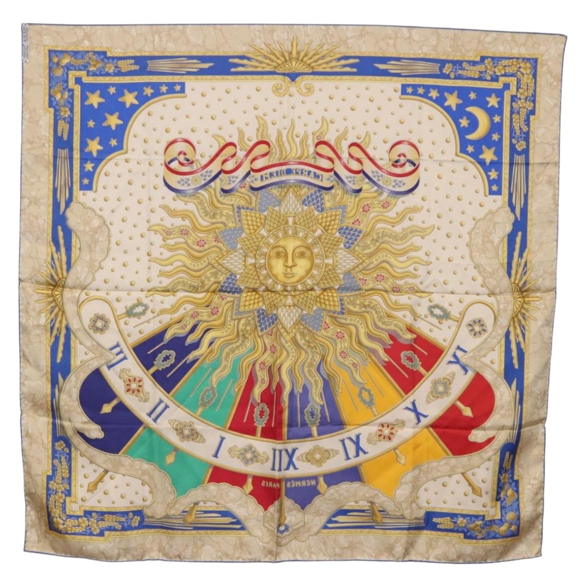 HERMES Carre 90 Scarf ”CARPE DIEM” Silk Blue Auth ki6753